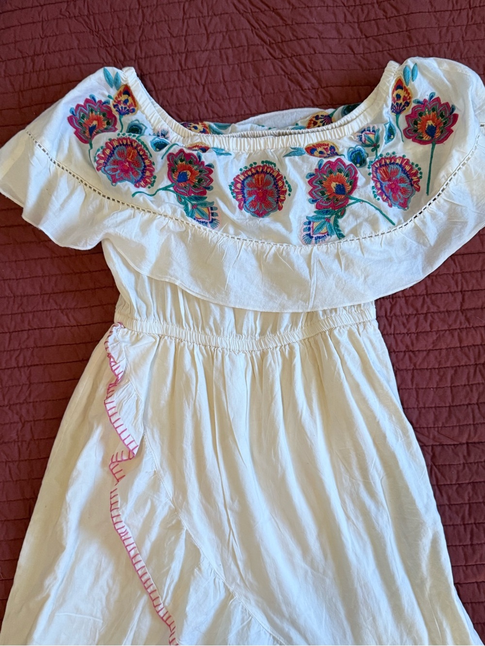 Altar'd State White Off-Shoulder Dress with Multicolor Floral Embroidery